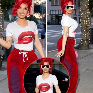 Cardi B is red hot as she debuts eye-popping crimson hair color and rocks a matching fiery outfit while out in Beverly Hills